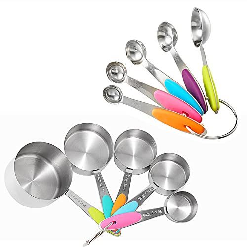 Stainless Steel Measuring Cups and Spoons Set of 10, 5 Measuring Cups and 5 Measuring Spoons with 2 O Rings for Baking Cooking American Kitche