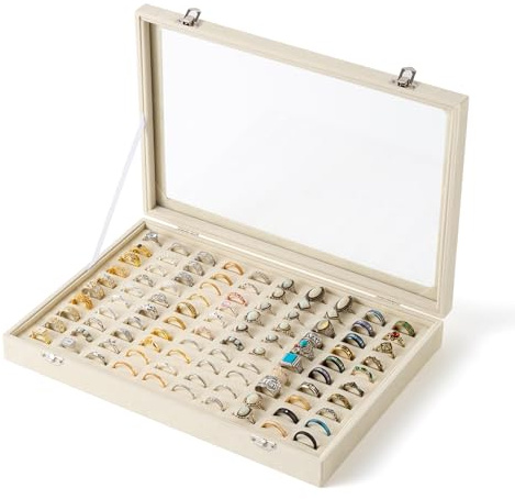 Frebeauty 100 Slots Ring Organiser Tray,Velvet Ring Box with Clear Lid