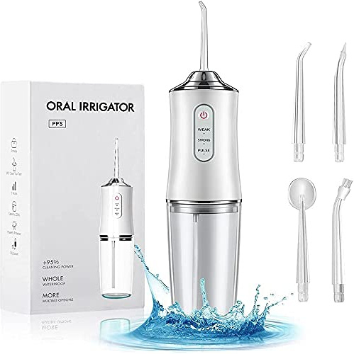Irrigador oral eléctrico inalámbrico portátil agua dental IPX8 limpiador interdental impermeable ultrasónico limpiador dental 3 modos limpieza dental 4 boquillas funcionales diferentes 220 ml, blanco