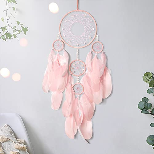 SOMYTING Pink Dream Catcher Wall Decor Handmade Feathers Dreamcatcher Wall Hanging Ornament Room Decor Craft Blessing Gift for Kids Boys Girls (Pink, No Light)