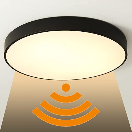 Deckenleuchte mit Bewegungsmelder Warmweiss 3000K Moderne Runde Deckenlampe mit Bewegungssensor und Tageslichtsensor Ultra Slim Sensorleuchte Innen für Flur Treppen Eingang Balkon, Schwarz, Ø30cm
