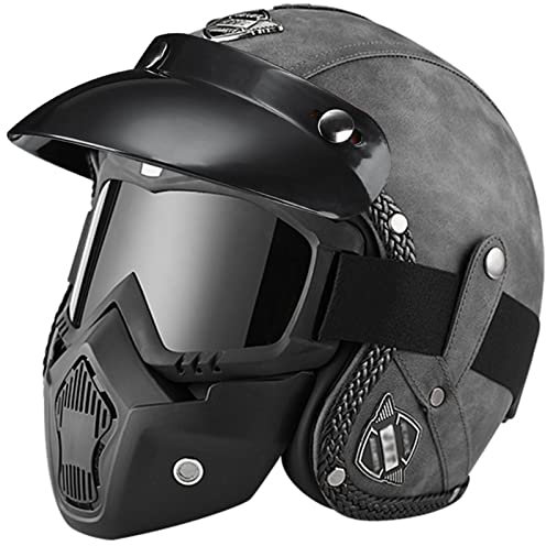 Motorrad-Jethelm mit Maske und Brille Retro-Jethelm mit Abnehmbarer Krempe ECE-zugelassener Schutzhelm für Erwachsene Halbschutzhelm für Männer und Frauen Cruiser Chopper 9,L(59-60CM)
