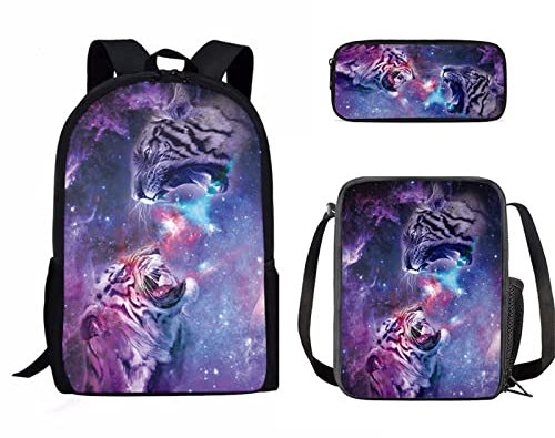 Binienty Rucksack für Kinder Jungen Mädchen Schule Büchertasche mit Lunchbox und Federmäppchen Büchertasche Set für Grundschule, Galaxy White Tiger, Einheitsgröße