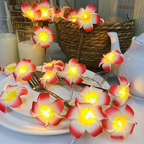 Künstliche Plumeria Blume LED-Lichterkette Hawaiianischer Schaum Frangipani Batteriebetriebene Feen-Nachtlichter für die Weihnachtsfeier Home Wedding Beach Decor (Batterien, Rot)