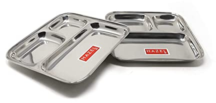 HAZEL Pav Bhaji - Juego de 2 platos con compartimentos para restaurante, acero Bhojan Thali, placa de acero con compartimentos para eventos, fiestas, 25 cm
