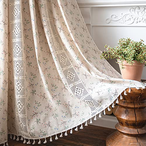 Sutuo Home Boho Curtain Semi-Blackout Crochet Hollow Lace Patchwork with Floral Print Cotton Linen Fabric, Handmade Tassels Rod Pocket Bohemian Window Drapes for Living Bedroom, 59W x 63L, 1 Panel