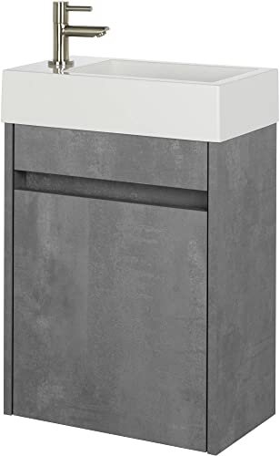 Saqu Florence Gäste WC Waschbecken mit Unterschrank Vormontiert - in Betongrau mit Mineralmarmor-Waschbecken Links - Kleines Gäste WC Bad Möbel mit Waschtisch