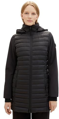 TOM TAILOR Damen Hybrid Lightwight Steppmantel mit abnehmbarer Kapuze, 14482 - Deep Black, XL