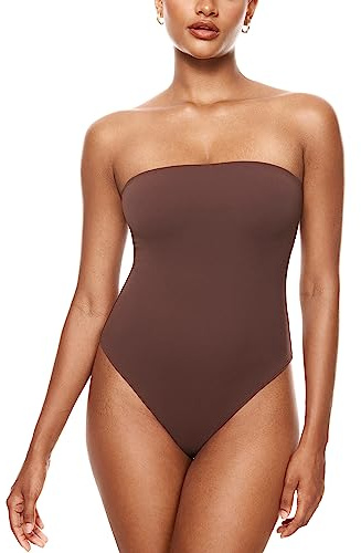 INLYRIC Sexig axelbandslös body för kvinnor Thong Tube Top Off The Shoulder One Piece Leotard
