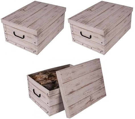 Kreher 3 Stück XL 45 Liter Deko-Kartons, Ordnungsboxen, Stapelboxen mit Deckel und Griffe, 51 x 37 x 24 cm (Holz Weiß)