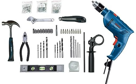 Bosch Professional: Perceuse à percussion GSB 600 (moteur 600 W, poignée supplémentaire, kit d'accessoires 100 pièces, coffret)