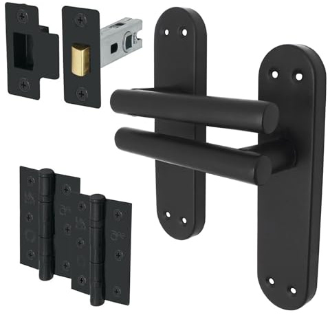EAI Matt Black Door Handles with Latch 64mm and Hinges - Oliena | Complete Latch Kit with 1 Pair of T-Bar Lever on Backplate Door Handles, 64mm Latch, 76mm Hinges, Fixings Included