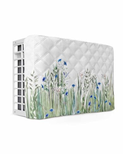 Leaves Plants Indoor Air Conditioner Cover for Window Units, Double Insulation Adjustable Waterproof Indoor AC Cover with Elastic Straps Wildflower Botanical Flower Blue Green 17'' x 13'' x 3.5''