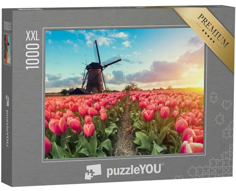 Puzzle 1000 Teile XXL „Idyllischer Sonnenuntergang über Windmühle und Tulpenfeld, Niederlande“ – aus der Puzzle-Kollektion Holland