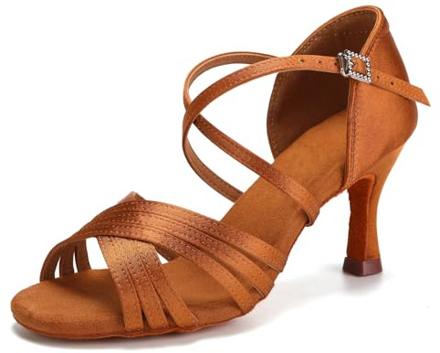 SWDZM Scarpe da Ballo Latino Americano Donna Professionali da Sala Bachata,Marrone,Tacco 7cm,Suola in camoscio,EU 42
