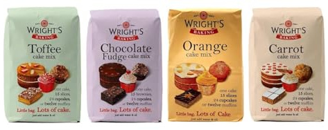Wright's Baking Cake Mix Selection Pack - Toffee, Chocolate Fudge, Orange & Carrot (One of Each 500g Pack)
