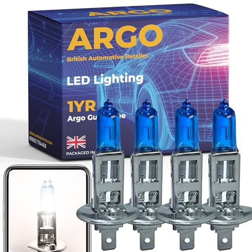 Argo 4 Pcs H1 Headlight Bulb 55w Xenon White 6000k Super Bright Replacement h1 Bulb 448 P14,5s Car Van Front Fog Light Lamp Main Dipped High Low Beam Upgrade Halogen H1 Bulbs 12v
