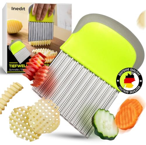 nedit Wellenmesser - Wellenschneider - Riffelmesser - Wellenschnittmesser für Erwachsene und Kinder - Buntschneidemesser aus Edelstahl für Gemüse und Obst - Langlebig (1 grün-grau Messer)