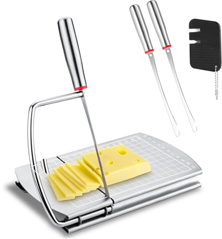Käseschneider Draht, Edelstahl Butterschneider mit 2 Ersatzklingen Messerschärfer Käseschneidebrett Butterschneider für Käse Butter