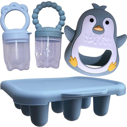 MIMITO Fruchtsauger 2er Pack + Tiefkühlschale + Pinguin Zahnungsspielzeug, Silikon Baby Fruchtsauger Zahnungs-Set, Baby food Feeder with Freezer Tray and Penguin Teething Toy (Blau)