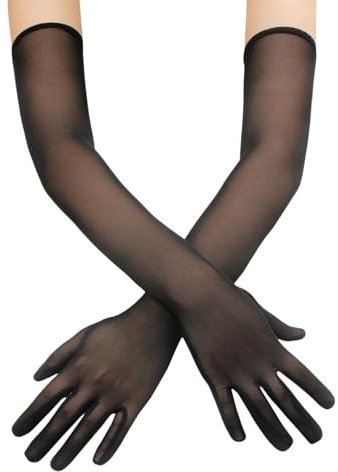 Generisch Damen Lange Handschuhe Durchsichtige Tüll-Handschuhe 1920er-Jahre Opernhandschuhe Abendhandschuhe Hochzeit Brauthandschuhe für Halloween Kostüm Party Karneval (Schwarz)