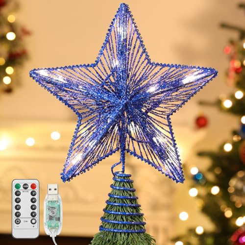 Lewondr Puntale Albero Punta Albero Natalizio, Forma Stella con Illuminazione Luci LED, Stella di Natale, Accessori Albero di Natale, Decorazioni Natale Scintillante, Blu
