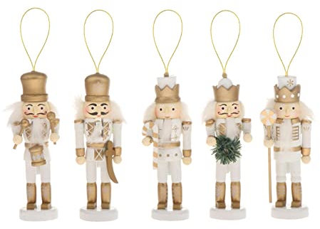 Luzhengyang Lot de 5 figurines de soldat casse-noisette en bois | Peintes à la main et robustes | Décoration de Noël | Soldats parfaits de 12,5 cm de haut – Or blanc