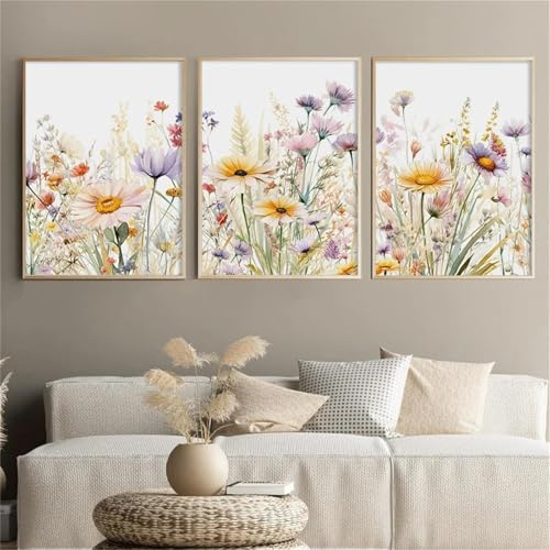 champracer Bilder Wohnzimmer 3er Set, Aquarell Floral Bilder Wanddekoration Leinwand Kunstposter, Ohne Rahmen Leinwand Blumen Wandbilder, Kunstposter für Schlafzimmer Büro Wanddeko (50 x 70 cm,A)