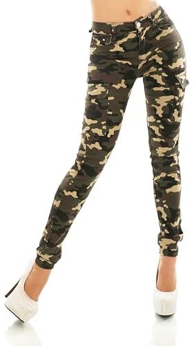 Damjeans, byxor, cargolook, påsydda fickor, smala jeans, skinny slim fit, dragkedja, XS, S, M, L, XL, Kamouflage grön-7233, M