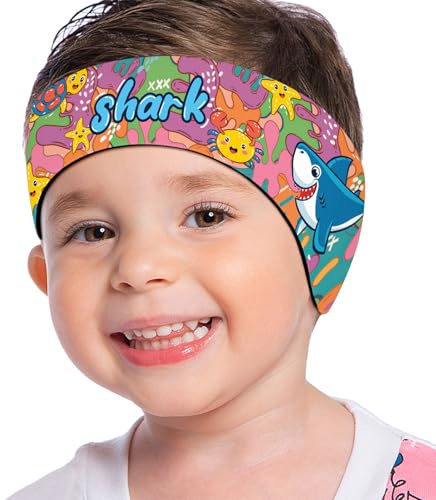 MoKo Simpannband för barn, söta swinmmers pannband öronband för barn, håll vatten ute, vattentätt öronskyddsband för bad, simning, öronband för barn, ålder 3–9 m, graffitihaj