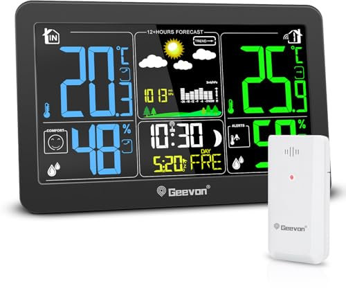 Geevon DCF Wetterstation Funk mit Außensensor, Adapter Wetterstationen Innen und Außentemperatur Funk mit Wettervorhersage Digitales Thermometer Hygrometer (246303 Ohne Batterie)