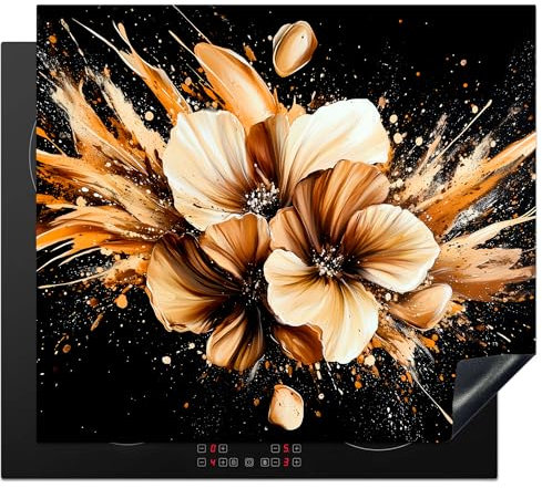 KitchenYeah© Protection Plaque Cuisson Deco Cuisine Cache Induction 60x52 cm Protège Pour Cuisiniere Protection Fleurs - D'or - Graffiti - Noir - Abstrait