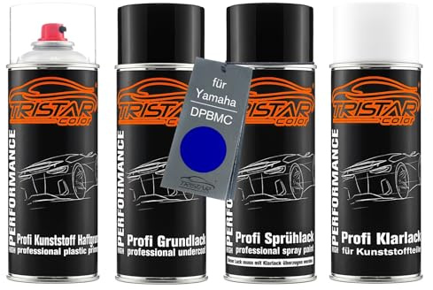 TRISTARcolor Lack Spray Kunststoff für Yamaha DPBMC Deep Purple Blue Perl | Motorradlack, Sprühdosen-Set für Stoßstange/Plastik, Kunststoff-Haftgrund + Grundlack + Basislack + Klarlack