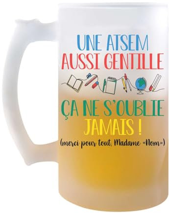 Planetee Chope de bière Personnalisable ATSEM aussi gentille| Verre à Bière Cadeau Remerciement fin d'Années Atsem Maternelle Professeur Institutrice Prof Noël
