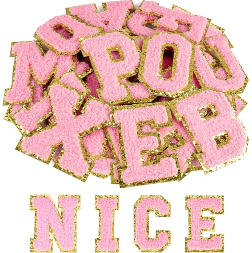 ASTARON 26 Stück selbstklebende Buchstaben Aufnäher Chenille-Buchstaben Aufkleber, A-Z gestickte Applique-Aufnäher Alphabet-Stoffaufnäher für Kleidung, Taschen, Hut, DIY-Zubehör (Hellrosa)