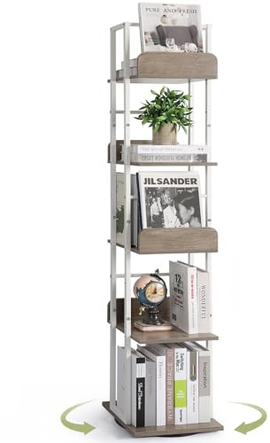 Bikoney Estantería Giratoria de 5 Niveles, Librería de Esquina en Torre, Estantería Alta y Estrecha de Estilo Industrial, Mueble de Metal para Salón, Oficina y Espacios Reducidos (Blanco y Gris)