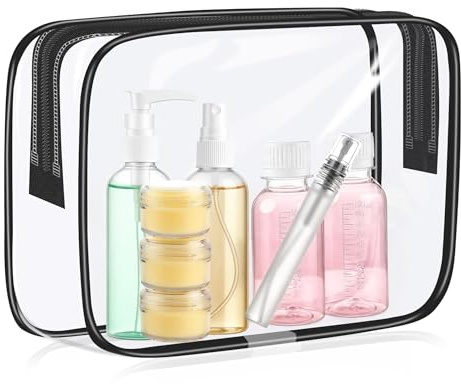 Transparente Kulturtasche mit Reiseflaschenset, 8 Stück Reiseflaschen Set, Flughafen-konforme Kosmetiktasche Damen, Handgepäck Flüssigkeiten, Geeignet für Reisen, Geschäftsreisen