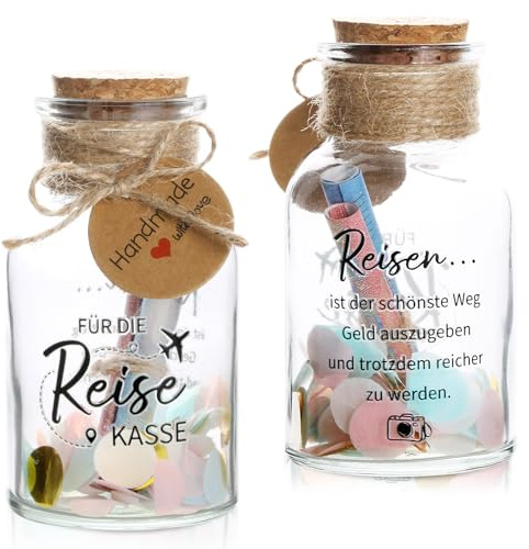 BOFUNX Reisekasse Geschenk Dekoflasche mit Korken und Aufkleber Konfetti Streudeko Wunscherfüller Reisegutschein Verpackung Geschenk für Reise Urlaub Geburtstag Jugendweihe Hochzeit Weihnachten