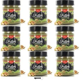 I Siciliani Crema Spalmabile al Pistacchio, Set da 9 Barattoli, 200g per Barattolo, Senza Olio di Palma, Senza Glutine, + portachiavi italy shop service