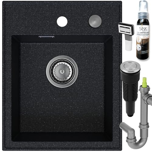 SINK QUALITY Spülbecken Schwarz gesprenkelt 40x50 cm - Granitspüle mit Siphon PUSH und Imprägnierung - Spüle ohne Abtropffläche - Kleines Spülbecken für Küche - Unterschränke ab 40 cm Breite