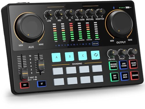 Mesa Mezclas DJ, Interfaz de audio AME2 Tarjeta de sonido Mezclador de DJ Estudio de podcast portátil todo en uno