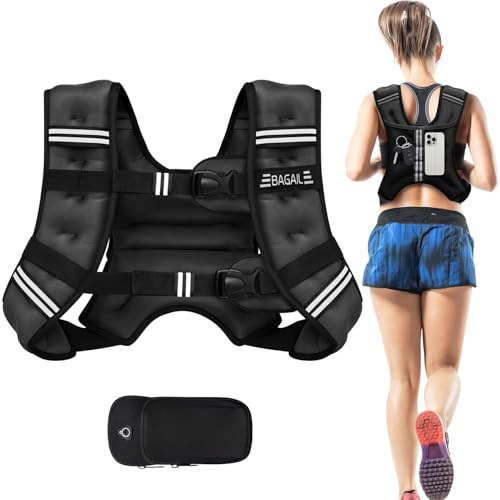 BAGAIL viktväst för styrketräning, 3 kg/5 kg/6 kg/8 kg/10 kg/12 kg viktväst med justerbar byststorlek, reflekterande rand och praktisk ficka, idealisk för träning, yoga och aerobics.