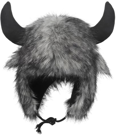 FakeFace Warme Plüsch Tiermütze Büffelhut mit Hörnern für Frauen und Männer, Kunstfell-Flauschige Trappermütze mit Ohrklappen, Winter Fellmütze Skihut Kuhhornhut Halloween Kostüm Grau
