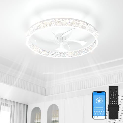 SUNKENET White Ceiling Fan with Light with Remote, 50cm Ceiling Fan Light | 6 Speeds Fan Lights Ceiling for Bedroom,Quiet Light Fan Ceiling,3000K-6500K Dimmable Smart Modern LED Ceiling Fan with Lights