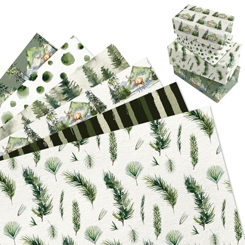 MORAINJAY 12 Fogli Carta Regalo di Natale, Foresta Natalizia Verde, per Bambini, Ragazzi e Ragazze, Feste Invernali e Compleanni, Confezioni Regalo, 68x50 cm