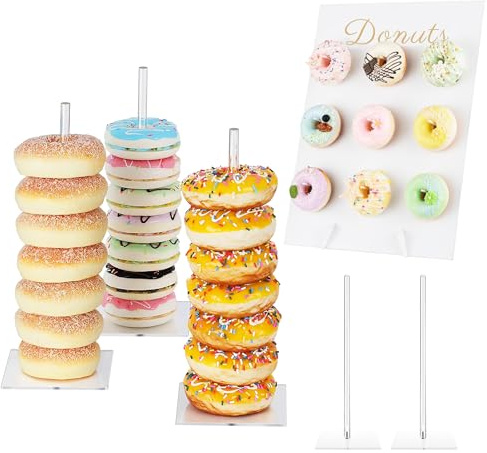 SRVAXZN Donut Stand, 4 Pack Doughnuts Stand Acrylic Donuts Holder Reusable Donut Wall Display Wooden Doughnut Wall for Wedding Birthday Parties Decorations Supplies