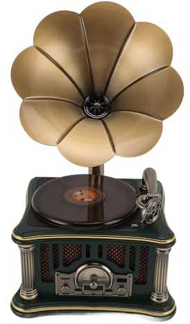 Pyhodi Conférencier Radio Vintage, Haut-Parleur à Gramophone Rétro Rétrosable Portable avec Télécommande, Radio Stéréo FM et Jeu USB pour la Décoration Intérieure et la Musique (Green)