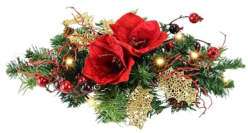 Sapin Artificiel avec Amaryllis Rouge, Pommes de pin et éclairage LED Blanc Chaud 43 x 10 x 20 cm Décoration de Table de l'Avent à Piles pour Noël