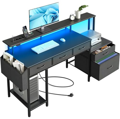 Rolanstar Schreibtisch mit Steckdose, Computertisch mit 5 Schubladen, LED, Aufbewahrungstasche & Monitorständer, Moderner Eckschreibtisch für Homeoffice & Gaming (Schwarz)