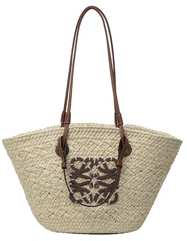 JIIENO Strohtasche, handgewebt, Strandtasche, Damen, Weiß, 51 x 28 x 19 cm